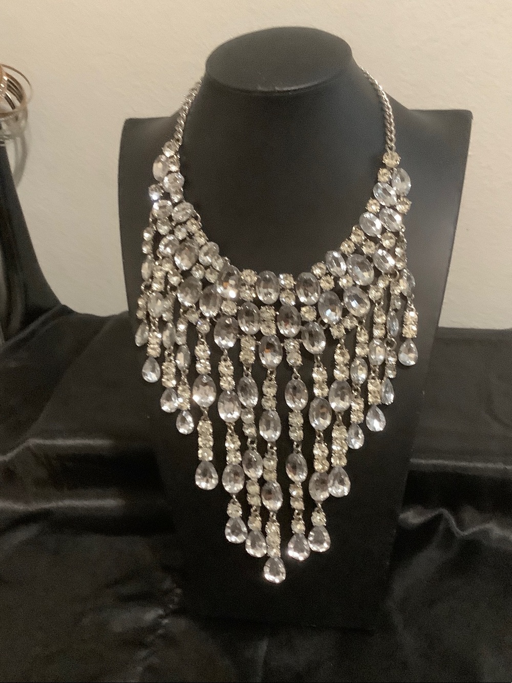 Statement Crystal Fringe Necklace - Silver Tone